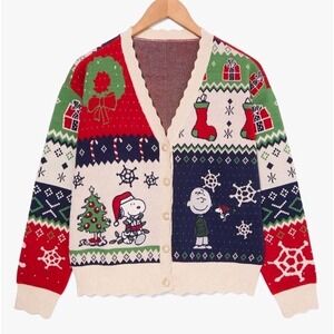 NEW 2025 Peanuts Snoopy & Charlie Brown Holiday Patchwork Womens Cardigan‎ 2XL